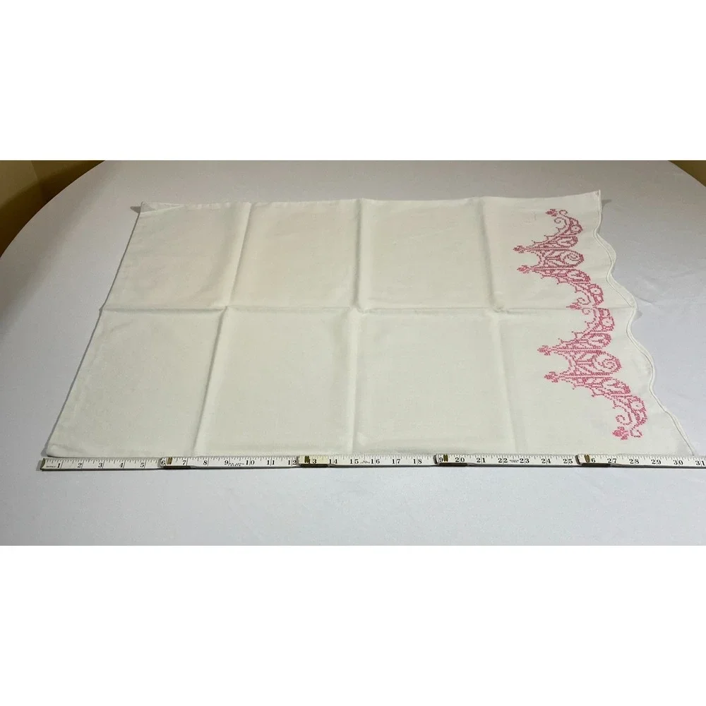 Vintage Cross Stitch Pillowcases White Cotton Pink Scalloped Edge Cottagecore 2p